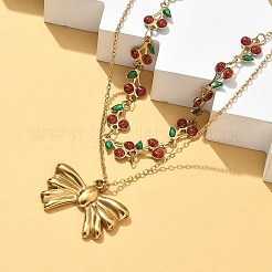 304ステンレススチール製レッドとグリーンのエナメルチェリー蝶結びペンダントダブルレイヤーネックレス（女性用）  イオンプレーティング（ip）  ゴールドカラー  15.98インチ（40.6cm）&nbsp;NJEW-B129-01G