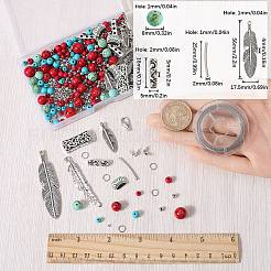 DIYエスニック宝石ブレスレット作りキット  合金フェザー ペンダントとリンク コネクターを含む  合成ターコイズビーズ  ミックスカラー  521個/箱&nbsp;DIY-SC0020-96