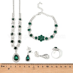 女性用ティアドロップ合金ラインストーンブレスレット＆スタッドピアス＆ネックレス＆リングセット  エメラルド  330mm&nbsp;SJEW-M102-02S-01