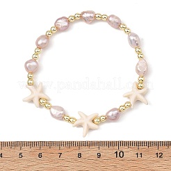 女性用パールブレスレット  ストレッチブレスレット  ゴールドカラー  ミックスカラー  ヒトデ  内径：1.85インチ（4.7cm）&nbsp;BJEW-JB14093