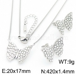蝶 304 ステンレススチール シェルパールペンダントネックレス & スタッドピアスセット  プラチナ  420mm&nbsp;FS-WGE2DA4-02