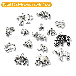 30 個 15 スタイルのチベットスタイル合金象ペンダント  象  アンティークシルバー  11~27x8.5~26x1.5~4mm  穴：1.6~2.5mm  2個/スタイル&nbsp;TIBEP-YW0001-83