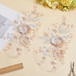 ポリエステルコンピュータ刺繍布をアップリケに縫い付ける  プラスチック製のビーズと  花  ナバホホワイト  275x142x5mm&nbsp;DIY-WH20055-009C