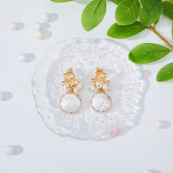シェルパールダングルスタッドピアス1組  本物の 18K ゴールドメッキ真鍮ワイヤーラップイヤリング女性用  フラットラウンド  37.5x16mm&nbsp;EJEW-FI0002-22A
