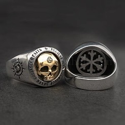 男性用のレトロな合金製指輪  スカル  アンティークシルバー＆アンティーク金色  usサイズ10（19.8mm）&nbsp;WGBD042-01