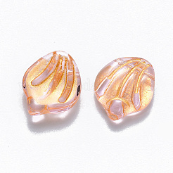 透明なスプレー塗装ガラスビーズ  トップドリルビーズ  ゴールドインレイカラー  葉  ピンク  15x12x4.5mm  穴：1mm&nbsp;GLAA-T016-14B