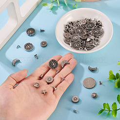 50個 5スタイル 合金リバースタッド  鉄の釘で  財布用  バッグ  ブーツ  革工芸装飾  スター＆ムーン  アンティークシルバー  9x9x4.5mm&nbsp;FIND-TA0009-59