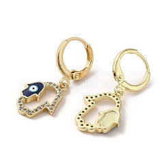 ハムサの手とナザールボンジュウ、本物の 18k 金メッキ真鍮製ダングル レバーバック イヤリング  エナメル＆キュービックジルコニア  プルシアンブルー  28.5~29x12mm&nbsp;EJEW-Q797-22G-03