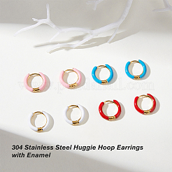 4 Pairs Two Tone 304 Stainless Steel Chunky Huggie Hoop Earrings with Enamel for Women&nbsp;EJEW-DC0001-37