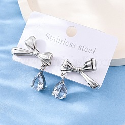 304ステンレススチールラインストーンスタッドピアス  ティアドロップと蝶結び  ステンレス鋼色  31x24mm&nbsp;EJEW-Z098-09P