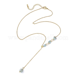 Natural Larimar Round Pendant Brass Cable Chain Lariat Y Necklaces with Natural Pearl for Women&nbsp;NJEW-JN06611-01