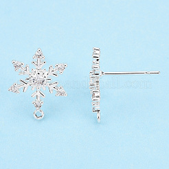 クリスマステーマ  真鍮キュービックジルコニアスタッドピアスパーツ  カン付き  スノーフレーク  ニッケルフリー  銀  15x11mm  穴：1mm  ピン：0.9mm。&nbsp;X-KK-T050-62-01S-NF
