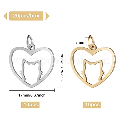 20個 2色 201ステンレススチールフィリグリー子猫ペンダント  猫の形をした心  ミックスカラー  17x20x1mm  穴：3mm  10個/カラー&nbsp;STAS-BC0002-77