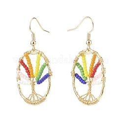 Oval with Tree of Life Glass Seed Braided Dangle Earrings&nbsp;EJEW-JE04874-02