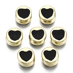 合金エナメルビーズ  カドミウムフリー＆鉛フリー  ハート付きフラットラウンド  ライトゴールド  ブラック  8x4mm  穴：1.5mm&nbsp;X-ENAM-S122-030-RS
