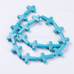 合成ターコイズビーズ連売り  クロス  染め＆加熱  ディープスカイブルー  24x17.5x5mm  穴：1.5mm  約14個/連  13.5~14インチ（35cm）&nbsp;G-E456-15C-18x25m