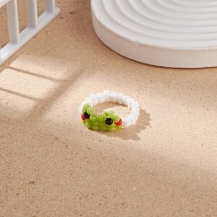 女性のためのガラスシード編組ビーズのカエルの形の指リング  黄緑  usサイズ6 1/4(16.7mm)&nbsp;RJEW-TA00052