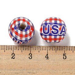 プリントウッドヨーロピアンビーズ  ラウンド  アメリカ国旗スタイル  ダークブルー  15.5~16mm  穴：4~4.5mm&nbsp;WOOD-G022-07C
