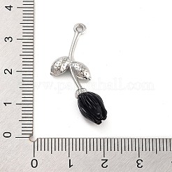 アロイ樹脂の花のペンダント  ガラスの葉が付いたバラのチャーム  プラチナ  ブラック  32.5x14.5x7.5mm  穴：1.6mm&nbsp;PALLOY-U003-06P-04