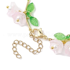 フラワーガラス＆アクリルチャームブレスレット  女性用真鍮リンクバーチェーンブレスレット  ピンク  7-1/8インチ（18cm）&nbsp;BJEW-JB10443-04