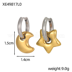 ツートンカラーの304ステンレススチールフープピアス  月＆星  イオンプレーティング（ip）  左右  18KGP本金メッキ  15x14mm&nbsp;STAS-OY016-82G