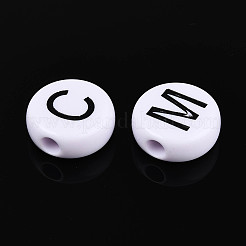 不透明なアクリルエナメルビーズ  アルファベット付きフラットラウンド  ブラック  25~25.5x10~10.5mm  穴：5.8mm  約103個/500g&nbsp;SACR-T035-17M-02