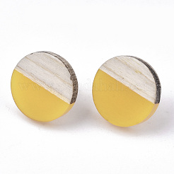 樹脂と木のスタッドピアス  304ステンレスピン付き  フラットラウンド  ゴールド  15mm  ピン：0.7mm&nbsp;EJEW-N017-003A-C04