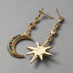 カラフルなラインストーンの月と星の非対称イヤリング  女性用亜鉛合金ダングルスタッドピアス  ライトゴールド  57~60.5mm  ピン：0.8mm&nbsp;EJEW-WH0013-70KCG