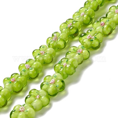 手作りランプワークビーズ連売り  バンピー  花  黄緑  13.5~14x14.5~15x7~8mm  穴：1.4mm  約28個/連  14.57インチ（37cm）&nbsp;LAMP-D015-08E-1