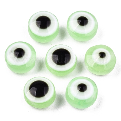樹脂ビーズ  フラットラウンド  ナザールボンジュウ  薄緑  6x4mm  穴：1.5mm&nbsp;RESI-S339-4x6-19-1
