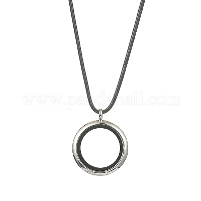 Blank Alloy Photo Frame Living Memory Floating Locket Pendants with  Imitation Leather Cord Necklaces, Flat Round, Platinum,