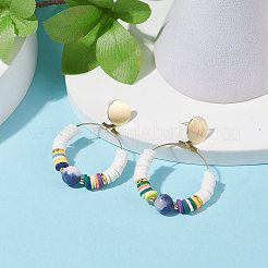 5個5色の天然宝石とポリマークレイビーズの大きなリングダングルスタッドピアス  女性用真鍮ドロップピアス  ミックスカラー  47mm  ピン：0.7mm  1ペア/カラー&nbsp;EJEW-TA00075