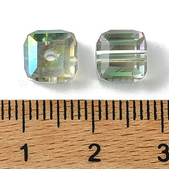 透明電気メッキガラスビーズ 100 個  半分虹メッキ  多面カット  キューブ  淡緑色  7x7x7mm  穴：1.6mm&nbsp;GLAA-K064-08A-HR01