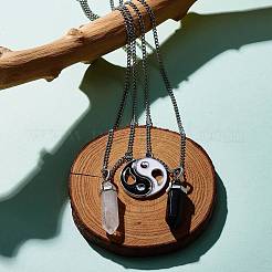 2Pcs 2 Style Natural Quartz Crystal & Black Obsidian Bullet Pendant Necklaces Set&nbsp;NJEW-JN03994-02