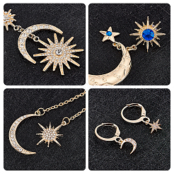 4ペア4スタイルの三日月と星のラインストーンフロントバックスタッド＆ダングル＆フレンチフックピアス  女性用合金ロングドロップイヤリング  ゴールドカラー  23~101mm  ピン：0.6mm  1ペア/スタイル&nbsp;EJEW-AN0001-62