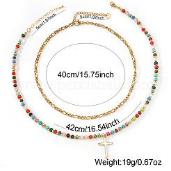 Stainless Steel Religion Cross Pendant Colorful Natural Mixed Gemstone Heishi Beaded Double Layer Necklaces for Women&nbsp;OM0198-1