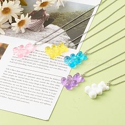 304ステンレススチールボールチェーンネックレス  透明樹脂ペンダント付き  クマ  ミックスカラー  55.5x0.15cm&nbsp;NJEW-JN03565