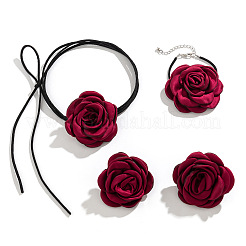 Rose Faux Suede with Satin Fabric Pendant Choker Necklace & Stud Earring & Bracelet&nbsp;FS-WG3A334-01