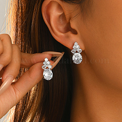 Brass Pave Cubic Zirconia Oval with Flower Stud Earrings for Women&nbsp;ML2840-4