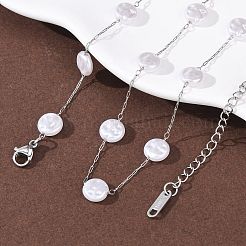 304 Stainless Steel with ABS Plastic Pearl Flat Round Bead Cable Chain Necklaces for Women&nbsp;NJEW-G190-03P