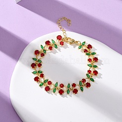 女性用真鍮マイクロパヴェキュービックジルコニアリンクブレスレット  チェリー  カドミウムフリー＆鉛フリー  ラックめっき  長持ちメッキ  ゴールドカラー  6-1/2インチ（16.4cm）&nbsp;BJEW-D342-05G