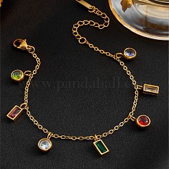 304 Stainless Steel Pave Colorful Cubic Zirconia Rectangle Flat Round Charm Bracelets for Women&nbsp;WG5257D-01