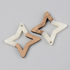 不透明な樹脂とクルミ材のペンダント  スター  フローラルホワイト  29.5x29.5x3mm  穴：2mm&nbsp;RESI-S389-028A-C04