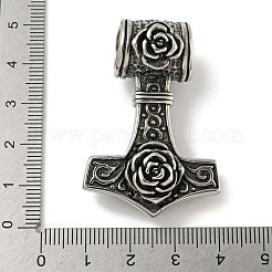 316サージカルステンレスペンダント  バラのチャームが付いたトールのハンマー  アンティークシルバー  46x31x20mm  穴：10.5mm&nbsp;STAS-Z073-99AS