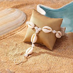 Bohemian Style Natural Cowrie Shell & Plastic Imitation Pearl & Waxed Cord Adjustable Toe Ring Anklets&nbsp;FS-WG74F62-01