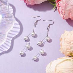 ガラスパールダングルピアス  316サージカルステンレススチールピアスフック付き  ラウンド  ホワイト  プラチナ  70x25mm&nbsp;EJEW-JE05987