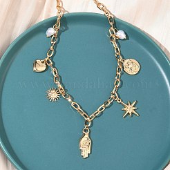 304 Stainless Steel Hamsa Hand Heart Sun Pendant Bib Necklaces for Women&nbsp;NJEW-B151-02G