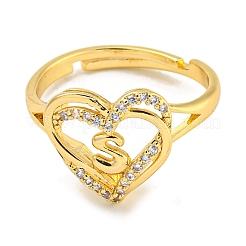 Heart with Letter Rack Plating Brass Micro Pave Clear Cubic Zirconia Adjustable Rings for Women&nbsp;RJEW-I105-01G-S