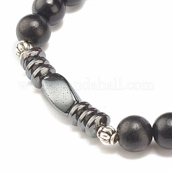 Natural Wood & Synthetic Hematite Beaded Stretch Bracelet&nbsp;BJEW-JB07809