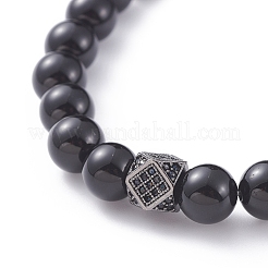 ユニセックスラウンドナチュラルブラック瑪瑙ビーズストレッチブレスレット  真鍮マイクロパヴェキュービックジルコニアビーズ  ガンメタ色  2-1/4インチ（5.6cm）&nbsp;X-BJEW-JB04845-01